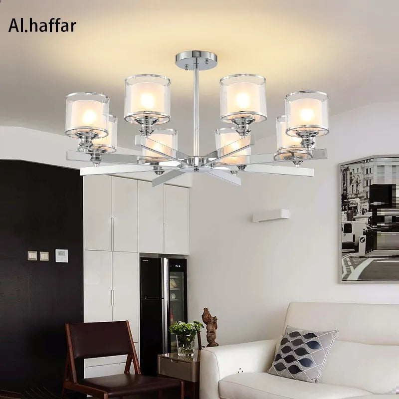 lustre moderne led cristal métal chromé double abat-jour verre