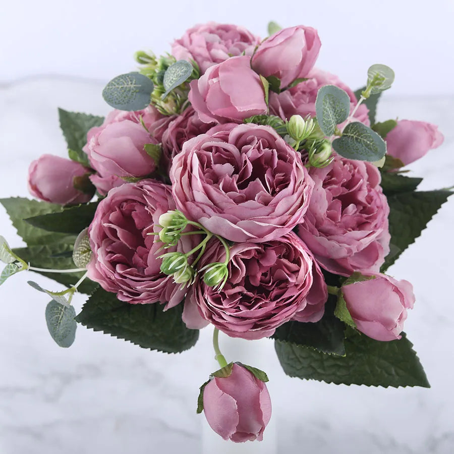 bouquet de fleurs artificielles de pivoines en soie pour décoration intérieure - vue 10 sur 18