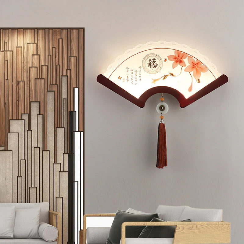 applique murale en bois éventail à led design rétro asiatique décoratif - vue 4 sur 18
