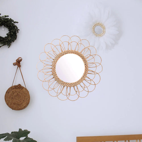miroir suspendu en rotin motif tournesol décoratif boho