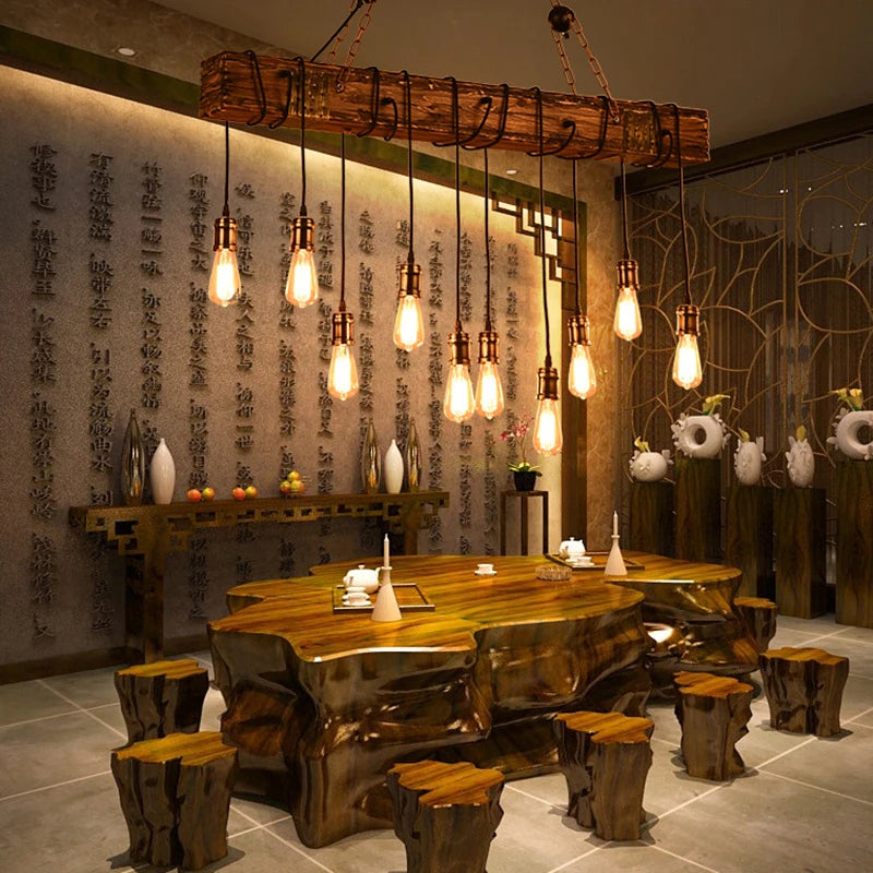 lustre vintage loft en bois avec suspension LED