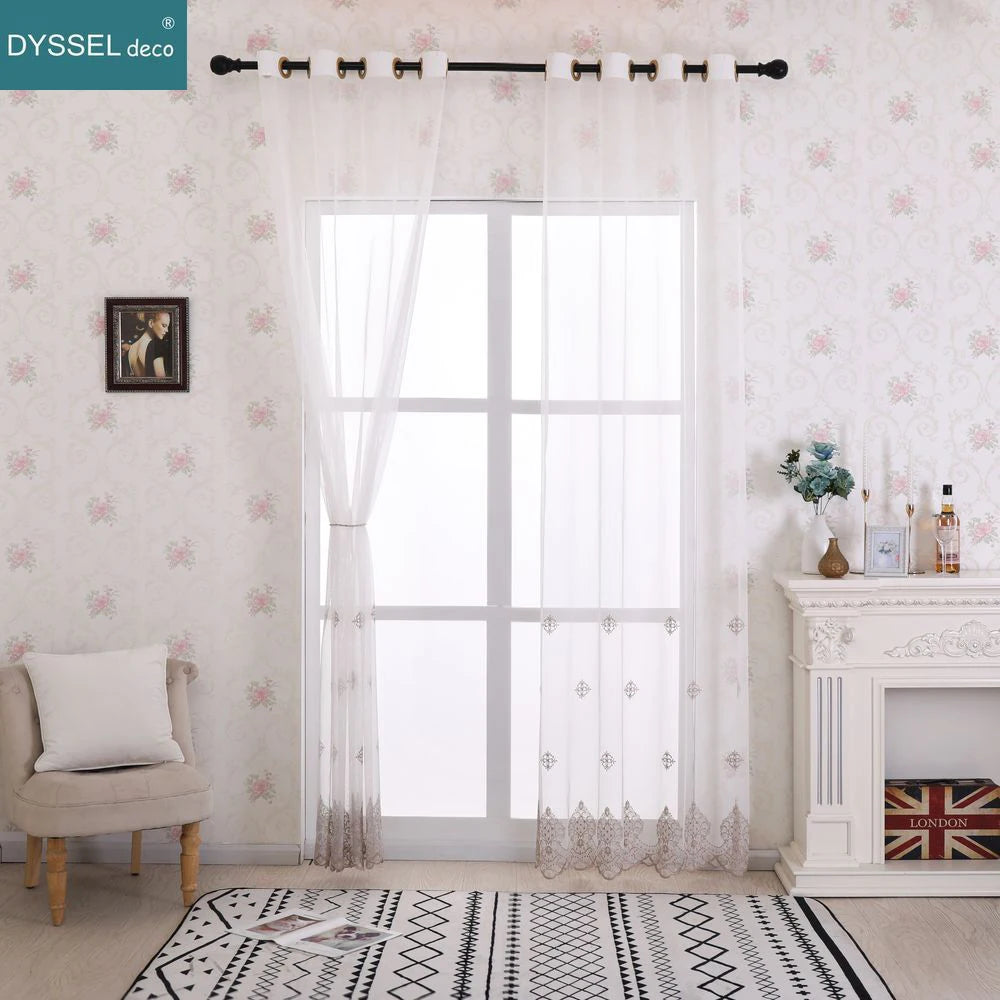 Voilage tulle brodé fleurs bord festonné style européen