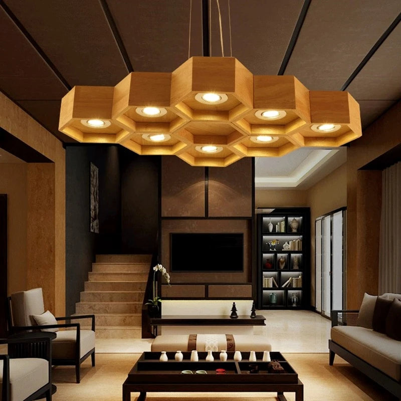 Plafonnier Led en forme de ruche en bois massif - vue 7 sur 11