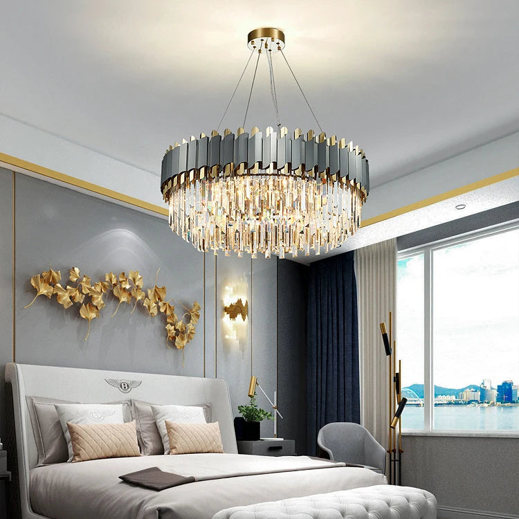 lustre art déco en acier inoxydable et cristal élégant et moderne - vue 3 sur 15