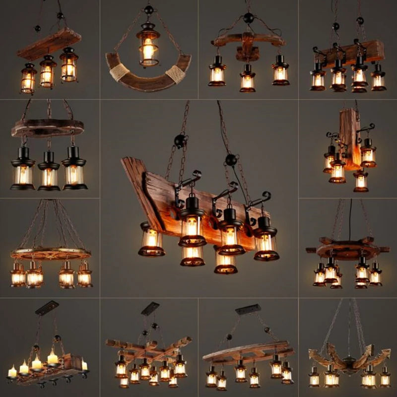 lustre vintage led en bois massif pour loft décoratif