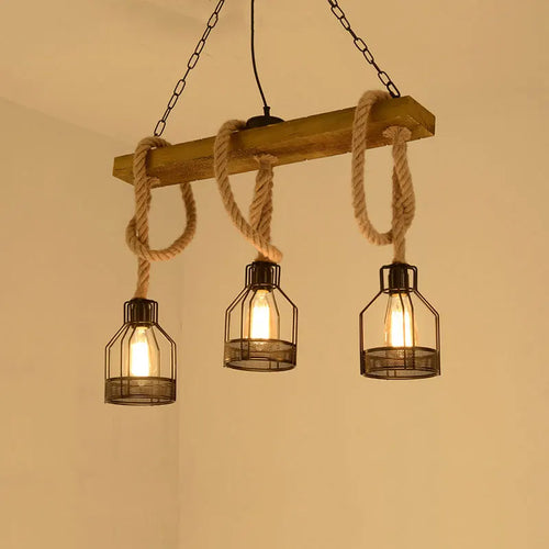 lustre industriel rétro avec 3 têtes en bois et corde de chanvre