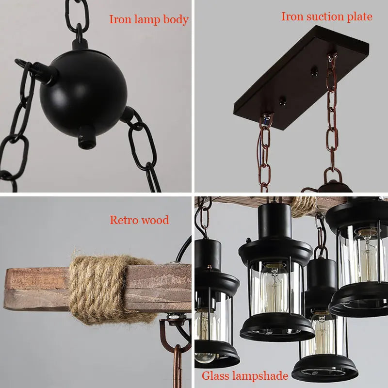 lustre industriel rétro en bois et fer avec 8 lampes