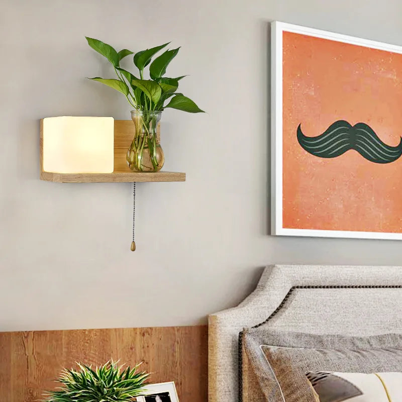 applique murale nordique bois plante verte abat-jour verre led - vue 7 sur 16