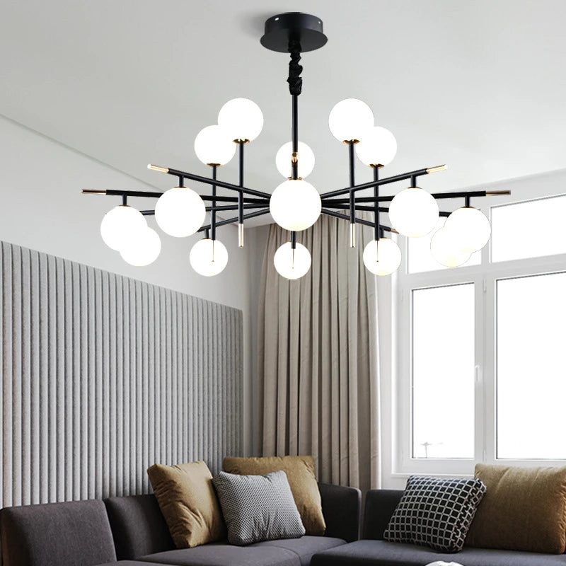 lustre nordique en fer avec boule de verre led pour restaurant