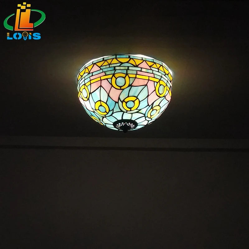 Plafonnier tiffany art méditerranéen en vitrail lumineux et chaleureux