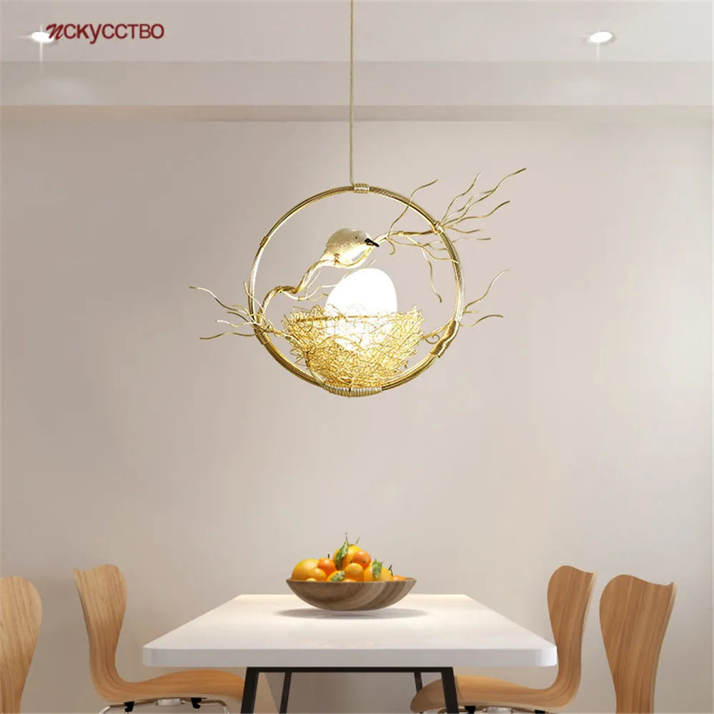 Suspension led doré nid d'oiseau design rétro cottagecore
