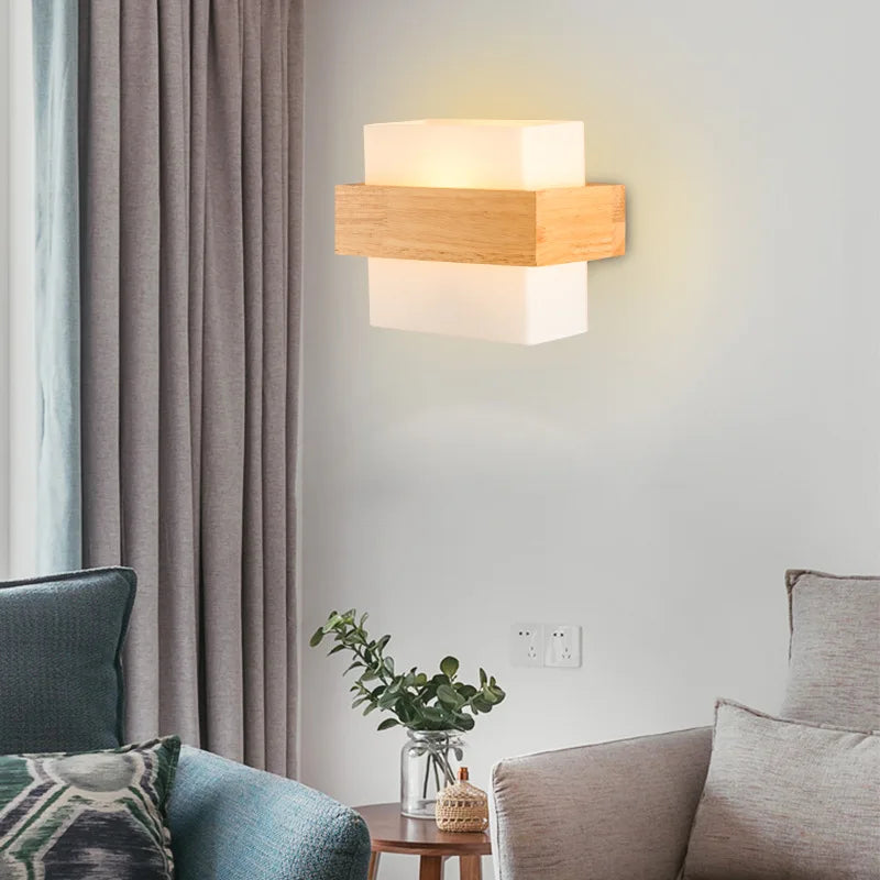applique murale nordique bois plante verte abat-jour verre led