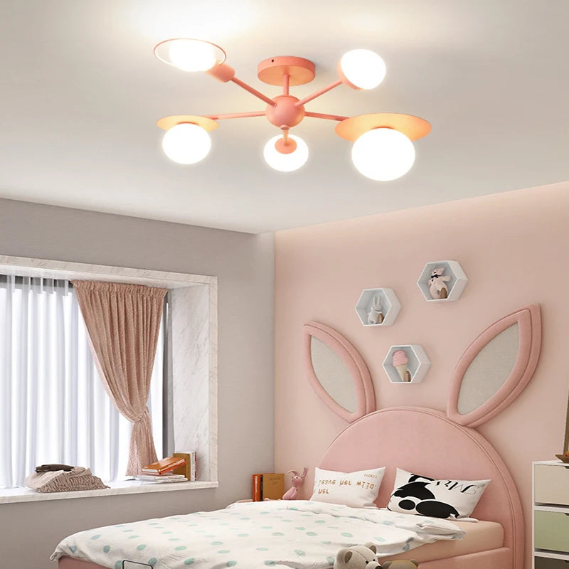 Nordique enfants chambre lustre éclairage abat-jour en verre dessin animé LED bleu rose plafonnier pour fille garçon enfants princesse chambre - vue 4 sur 7