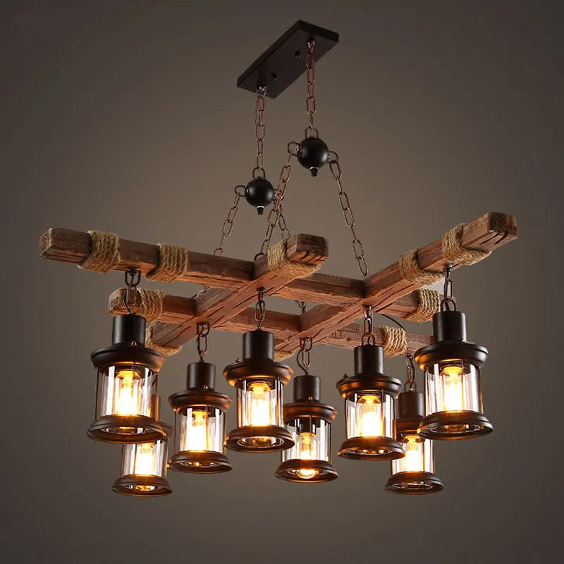 lustre industriel rétro en bois et fer avec 8 lampes