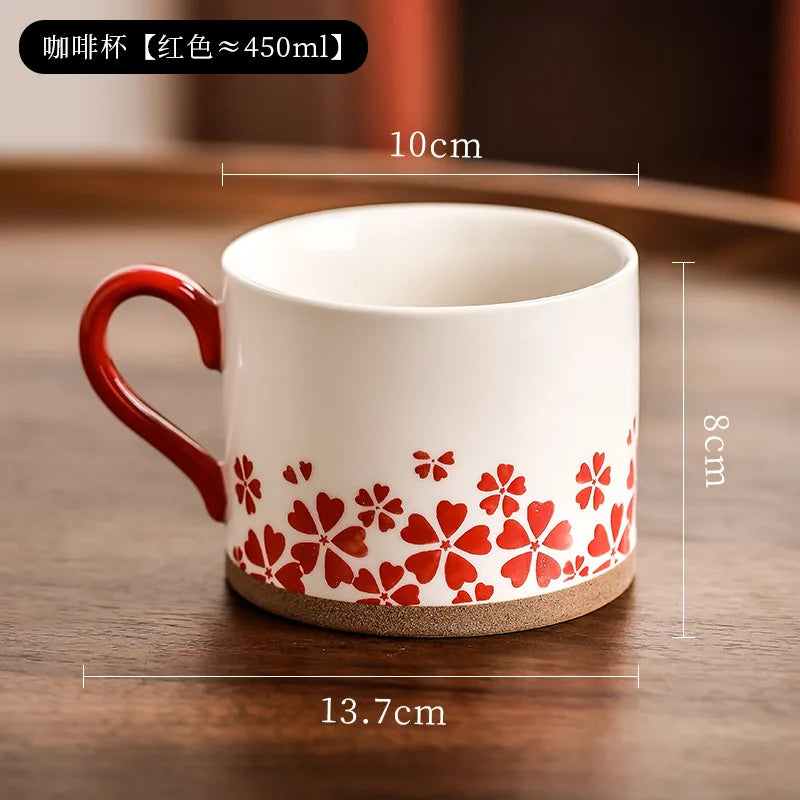 Mug ceramique japonais retro fleurs cerisier peint main