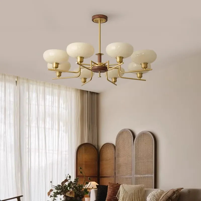 Walnut Wood Glass Brass, Wabi-sabi Modern Vintage style, chandelier lights for Living room, Bedroom, dining room, study - vue 3 sur 12
