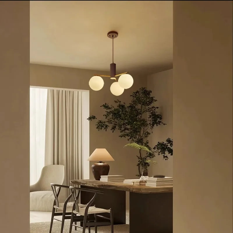 Walnut Wood Brass Round Glass, Wabi-sabi Modern Simple style, Chandelier light for Living room, Bedroom, Dining room, Study