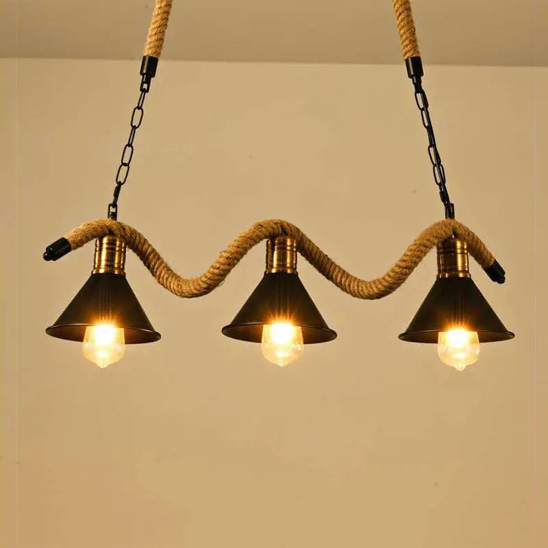 lustre industriel vintage à trois têtes en corde de chanvre