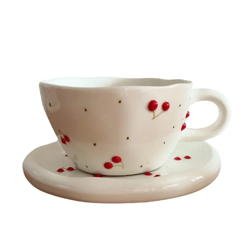 Service tasse cafe ceramique motif cerises avec soucoupe - vue 6 sur 7