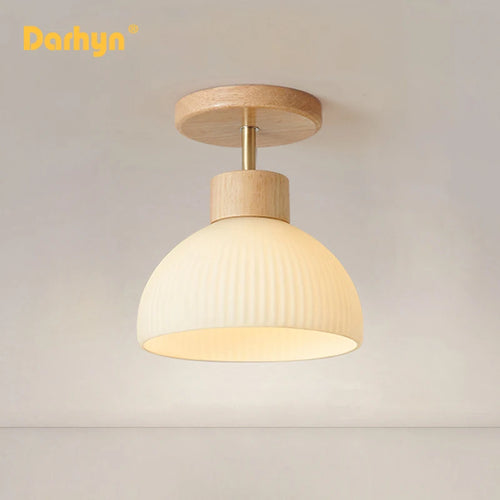 Mode bois suspension Lustre salon abat-jour en verre allée balcon chambre étude Simple Lustre salle à manger lampe