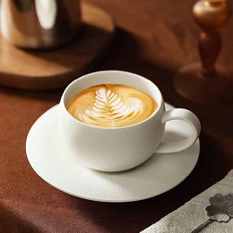 Tasse café rétro motif pierre brûlée soucoupe céramique