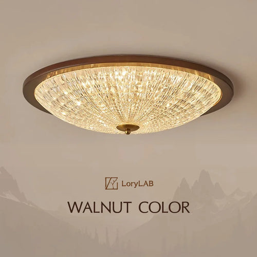 Engraved Crystal Acrylic Walnut Color Wood, French Retro Art Vintage, Ceiling Light for Living Room, Dining Room, Bedroom, Study