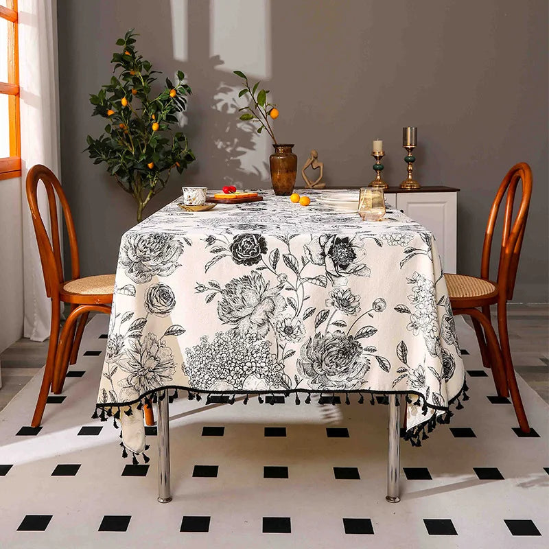 Nappe table motifs pivoines pompons style ins lavable