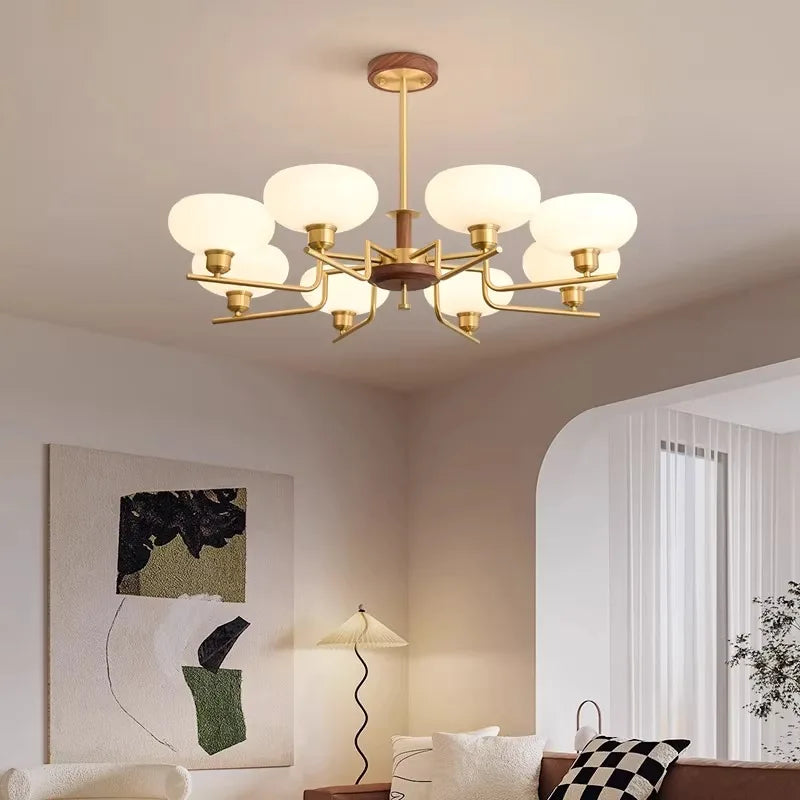 Walnut Wood Glass Brass, Wabi-sabi Modern Vintage style, chandelier lights for Living room, Bedroom, dining room, study - vue 4 sur 12