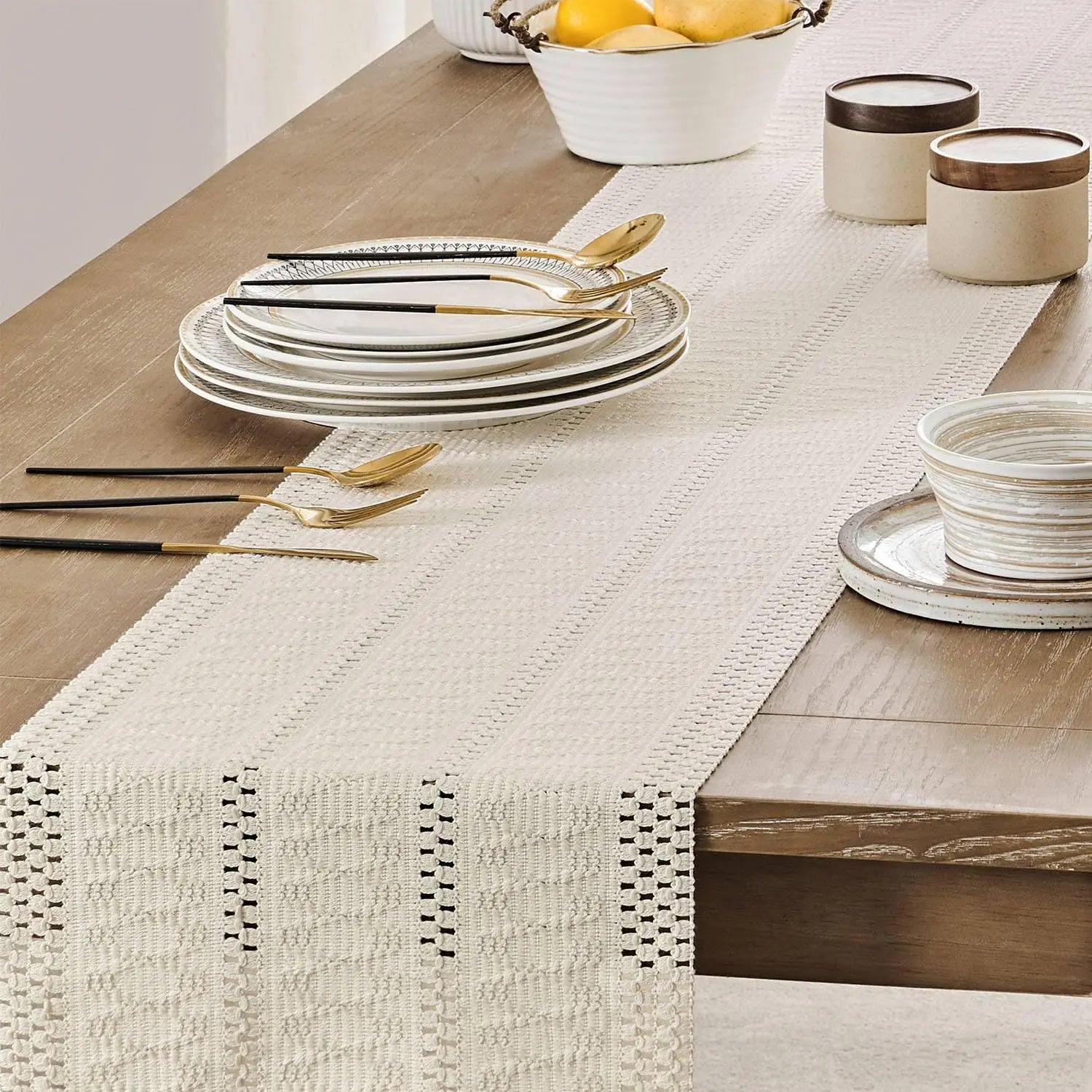 Chemin de table macramé ivoire bohème tissé salon - vue 7 sur 7