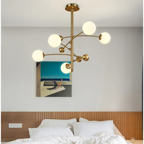 Nordic 5 Heads Copper Chandelier For Living Room Bedroom Hotel Rotatable Arms Milky White Lampshade G9 LED Lighting Fixtures