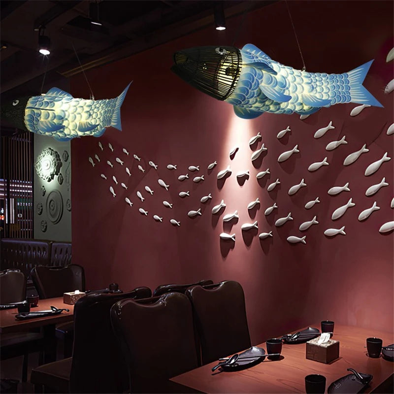 suspension Moderne en bois gros poisson lumières style chinois bambou créatif restaurant