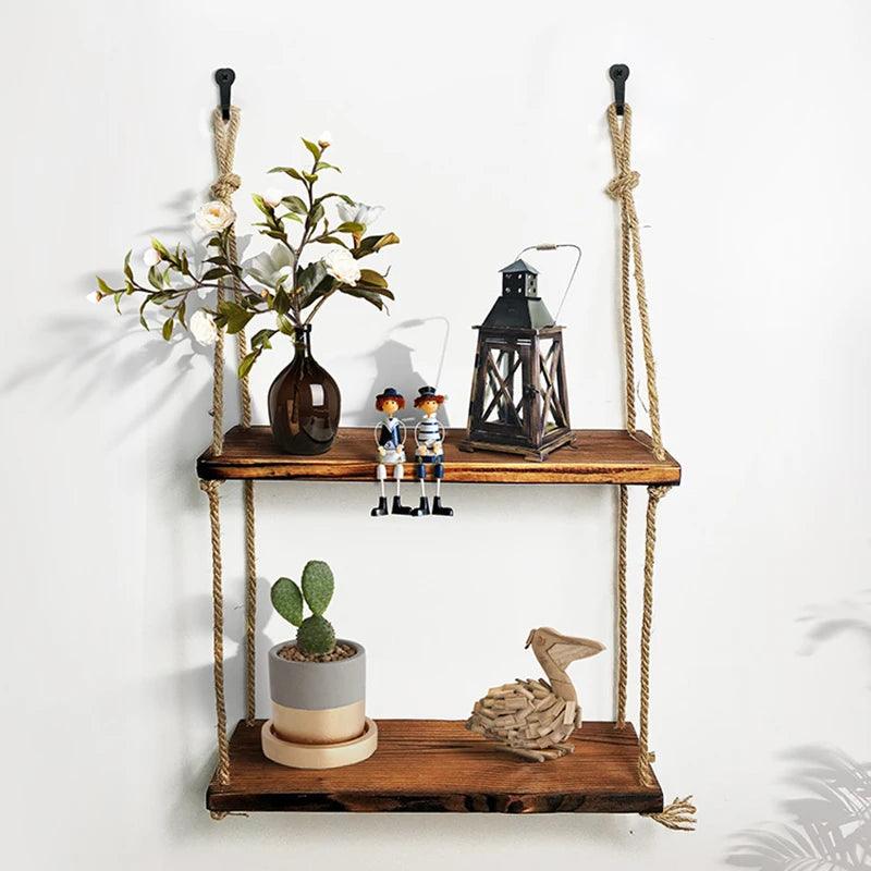 étagère murale en bois avec corde de chanvre pour décoration moderne