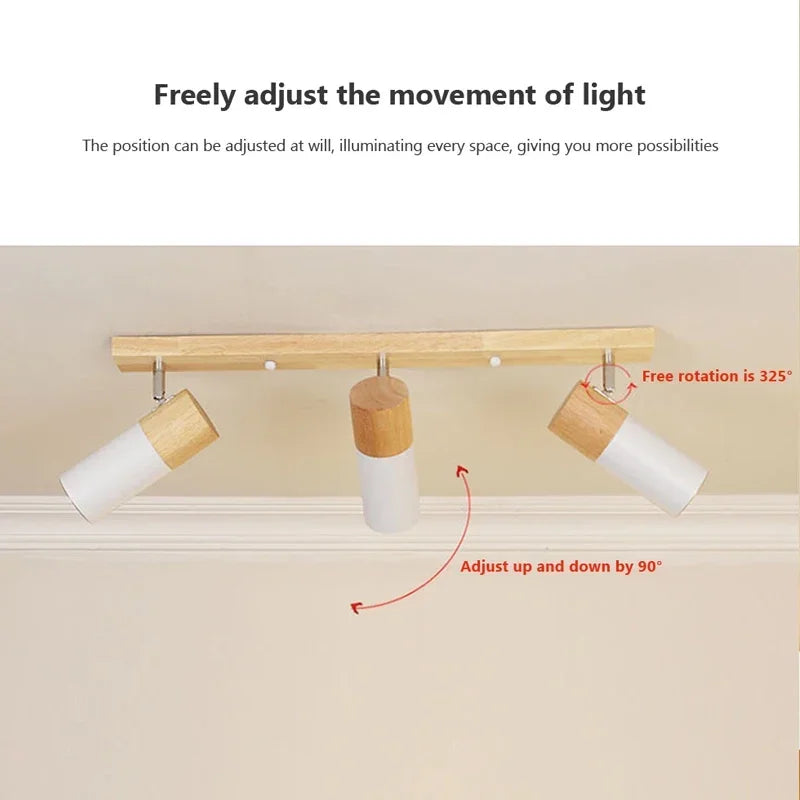plafonnier en bois avec projecteur rotatif réglable décoratif - vue 6 sur 17