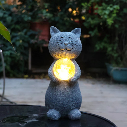 statue de jardin chat avec lanterne solaire décorative pour extérieur