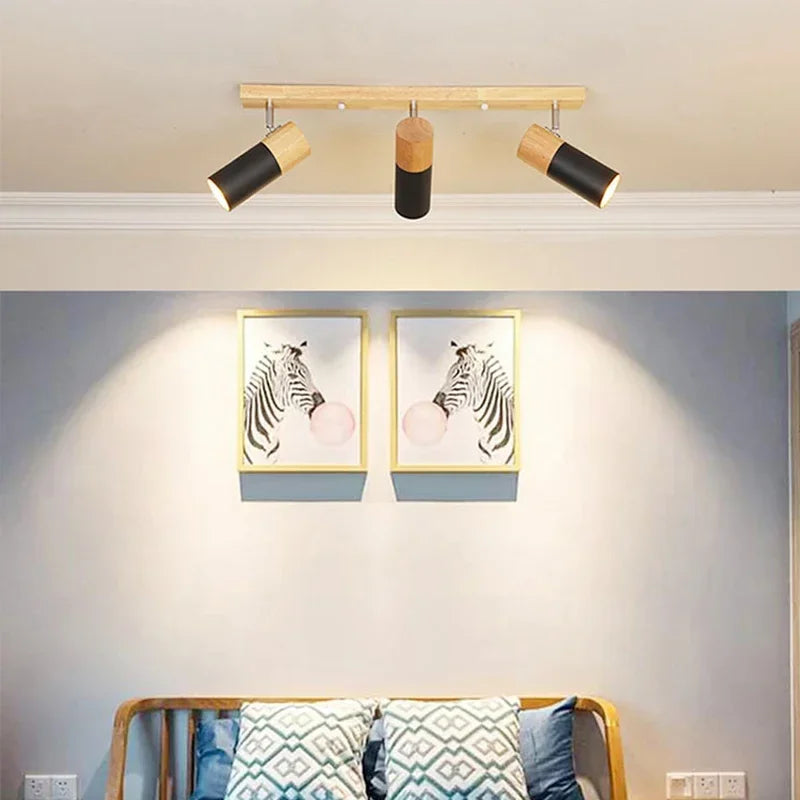 plafonnier en bois avec projecteur rotatif réglable décoratif - vue 4 sur 17
