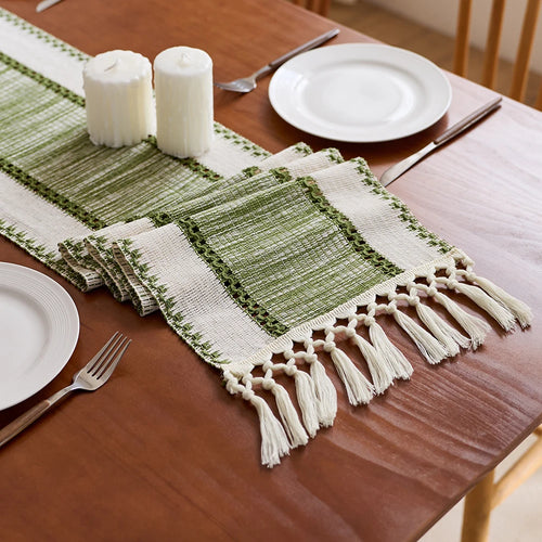 Chemin de table rayé bohème nordique pompons beige