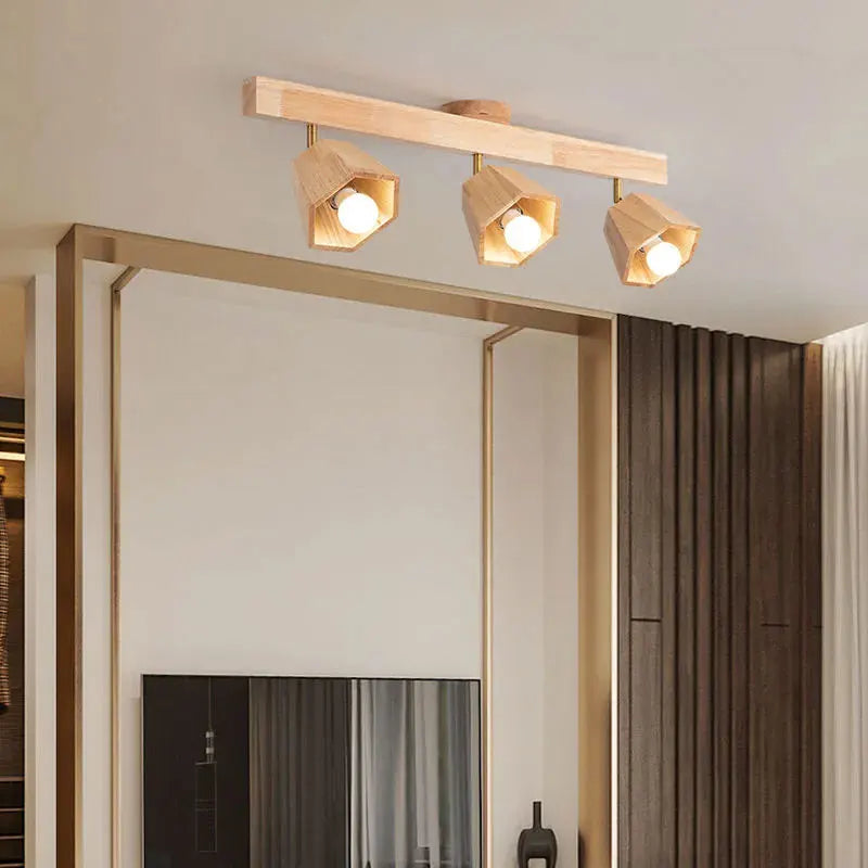 Plafonnier LED moderne en bois pour allée chambre vestiaire toilette magasin couloir luminaire sur rail Long lustre avec projecteur - vue 5 sur 15