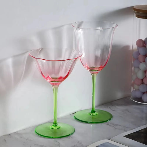 Verres à vin cristal rétro motifs floraux rayures