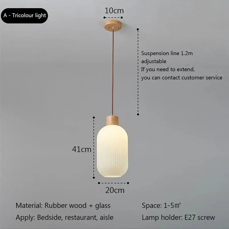 Suspension à rayures en verre blanc nordique lustre de Restaurant en bois Simple pour salle à manger cuisine chevet lampe suspendue au plafond - vue 5 sur 9