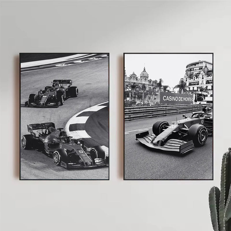 affiche vintage personnages de voitures de sport F1 en noir et blanc