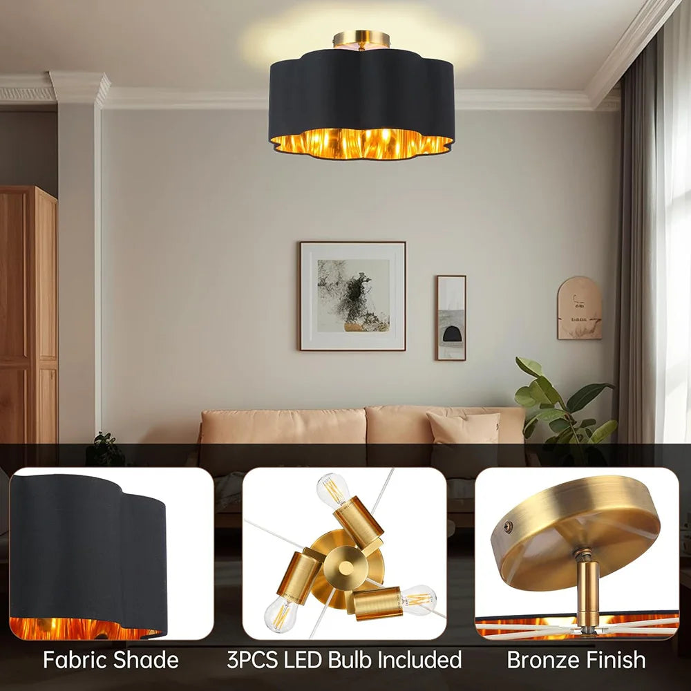 E27 pétale 3 lumières semi-encastré plafonnier tissu abat-jour pour chambre d'enfants chambre cuisine couloir entrée avec ampoule - vue 4 sur 9