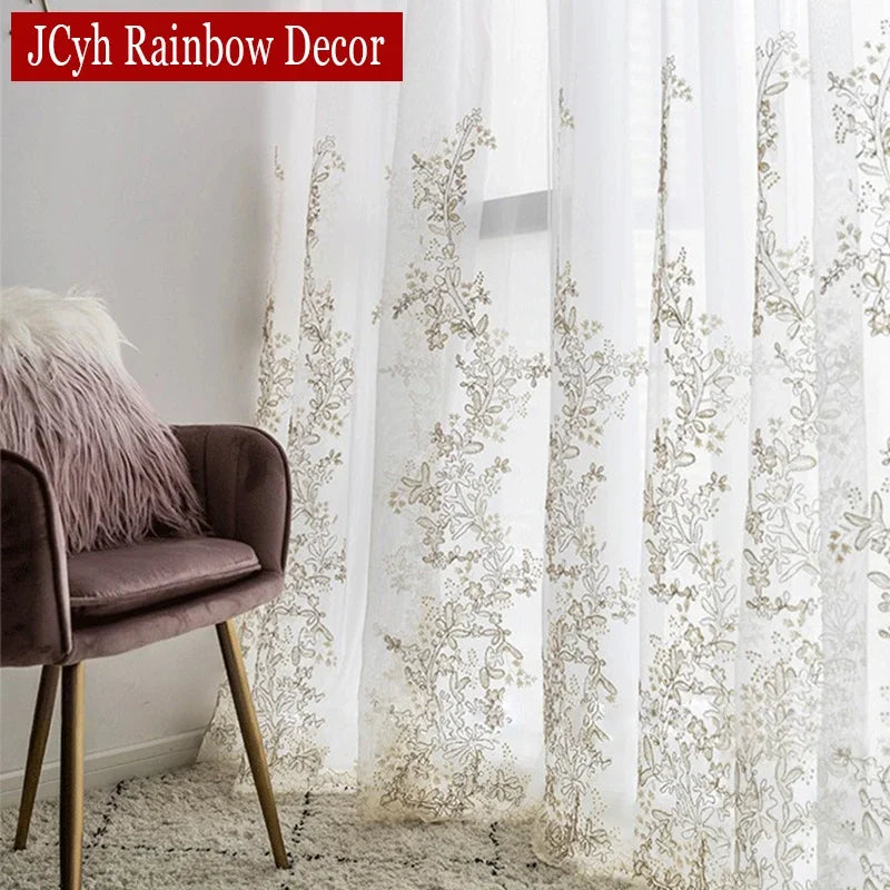 Voilage tulle brodé floral élégant pour salon chambre - vue 2 sur 7