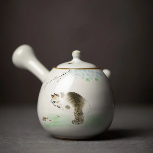 Théière ru kiln artisanale motif chat poignée latérale