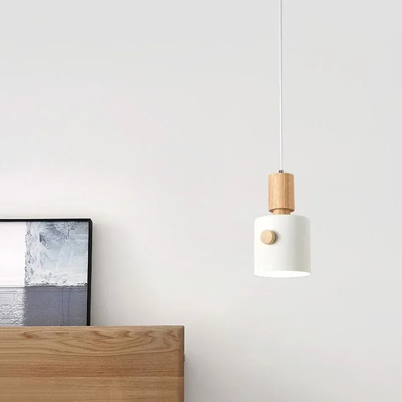 Suspension en bois nordiques LED Macaron à tête unique lampe décorative d'intérieur suspendue pour salon salle à manger luminaires de chambre à coucher - vue 5 sur 9