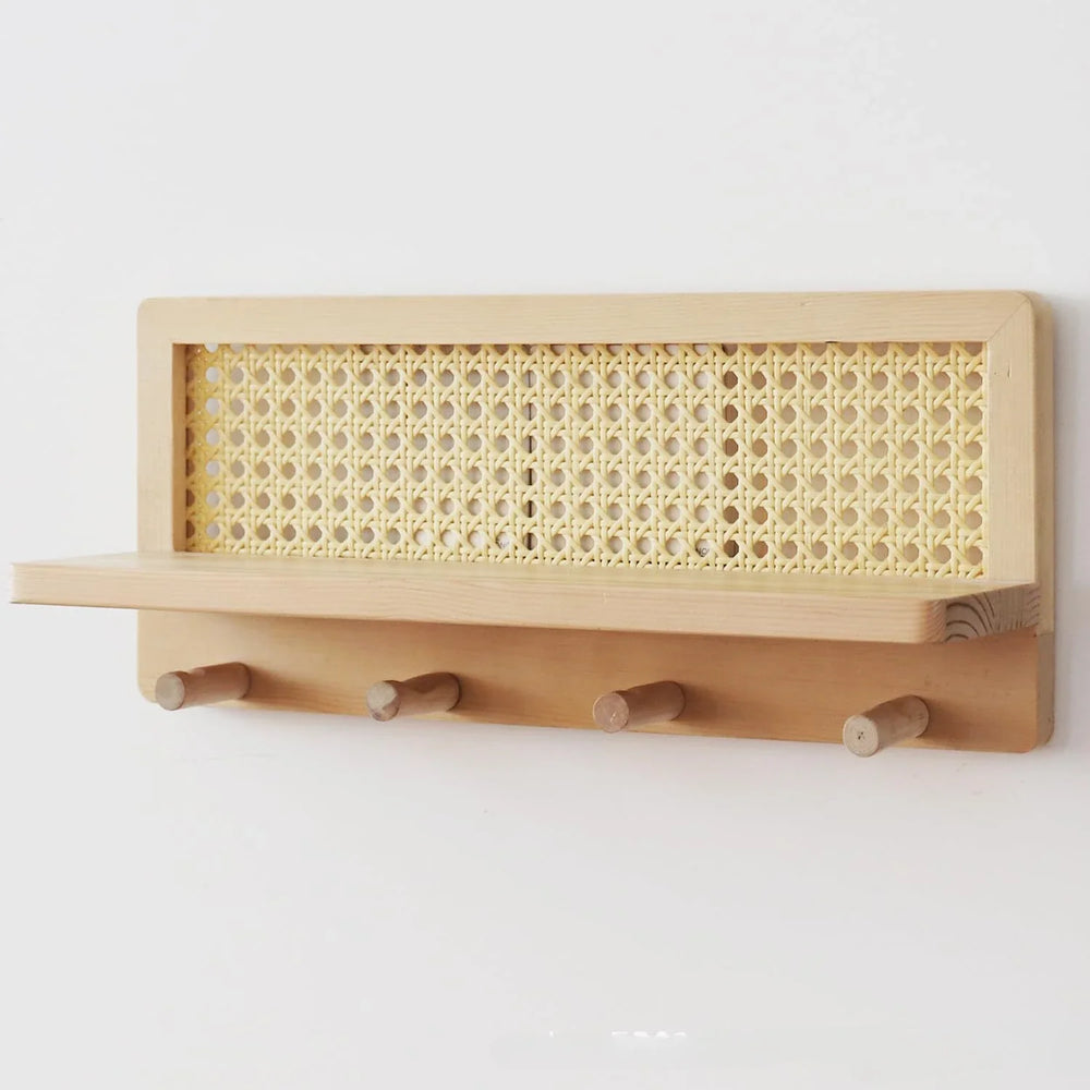 étagère murale en rotin et bois style bohème avec crochets décoratifs