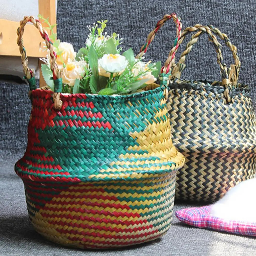 panier de rangement en paille avec poignée pliable pour fleurs et linge - vue 5 sur 8