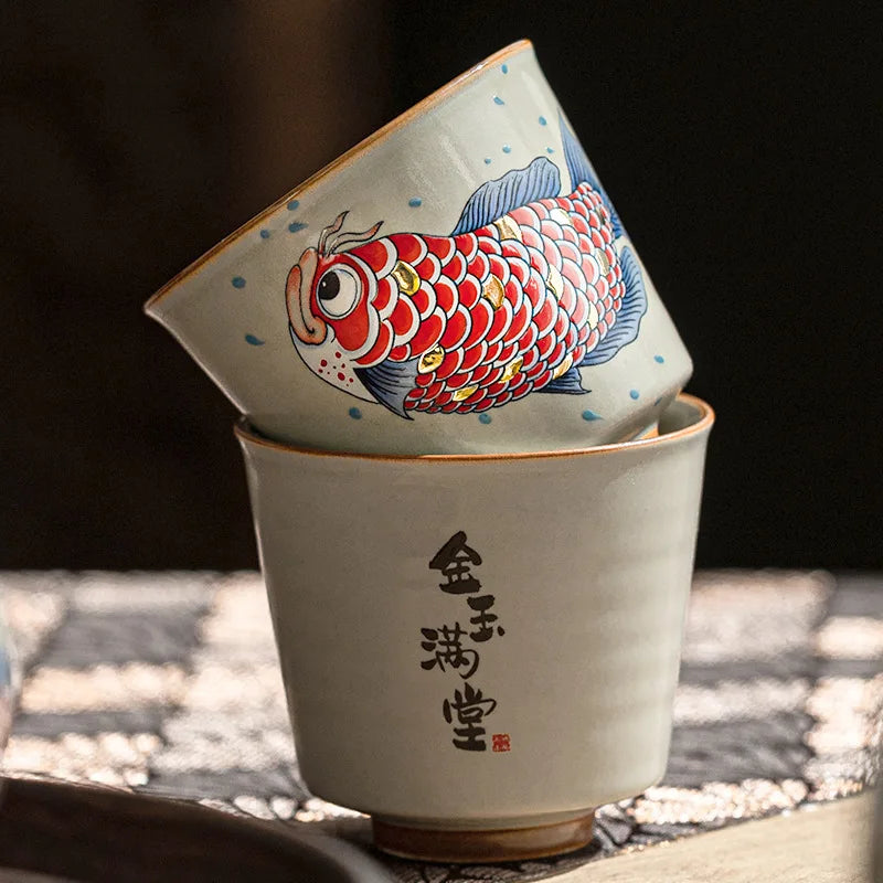 tasse thé céramique style chinois motif arowana coffret - vue 4 sur 7
