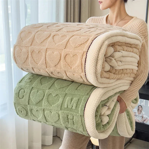 plaid polaire epais motif coeur doux canapé lit