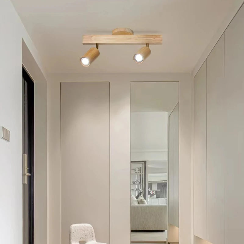 plafonnier led moderne en bois avec projecteur sur rail - vue 4 sur 10