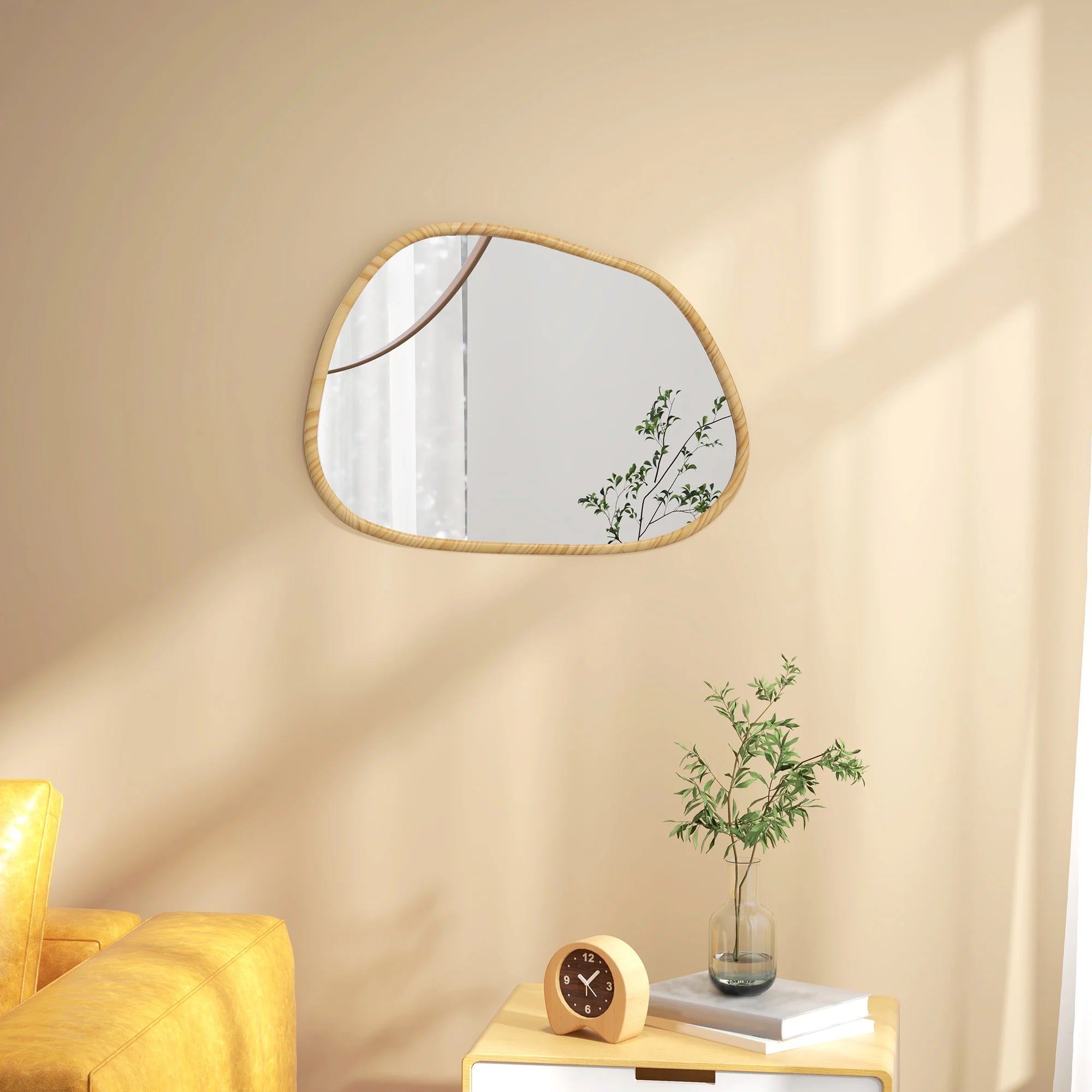 miroir mural homcom forme irrégulière cadre en bois naturel - vue 4 sur 7